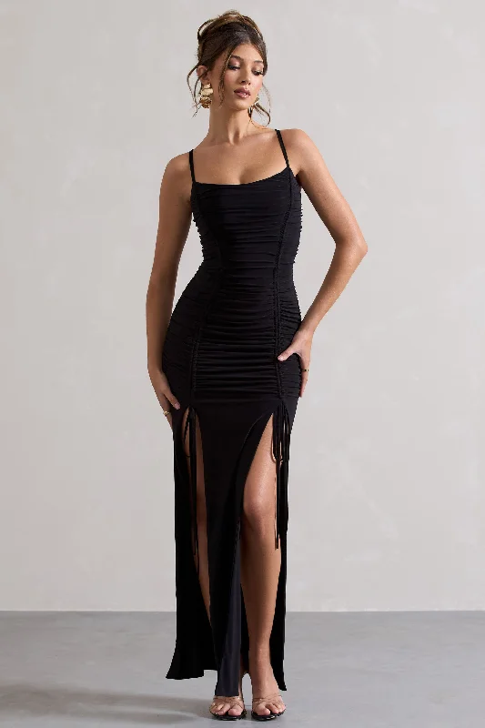 Pleated-Skirt Maxi Dresses -Devon | Black Ruched Strappy Maxi Dress With Splits