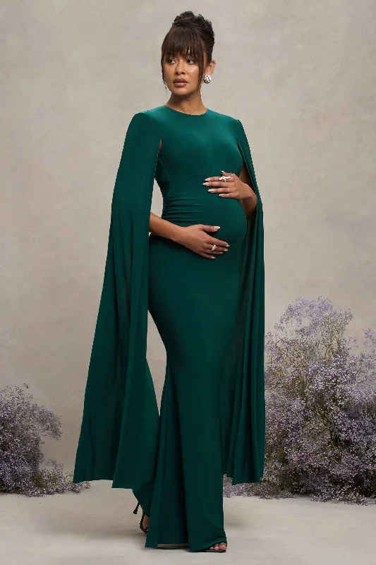 Short-Sleeve Maxi Dresses -Divine Timing | Bottle Green Maternity Maxi Dress With Cape Sleeves