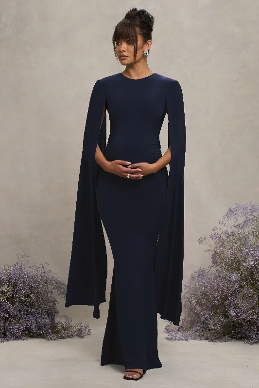 Green Maxi Dresses Sale -Divine Timing | Navy Maternity Maxi Dress With Cape Sleeves