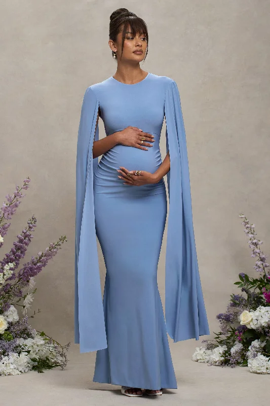 Velvet Maxi Dresses for Winter -Divine Timing | Powder Blue Maternity Maxi Dress With Cape Sleeves