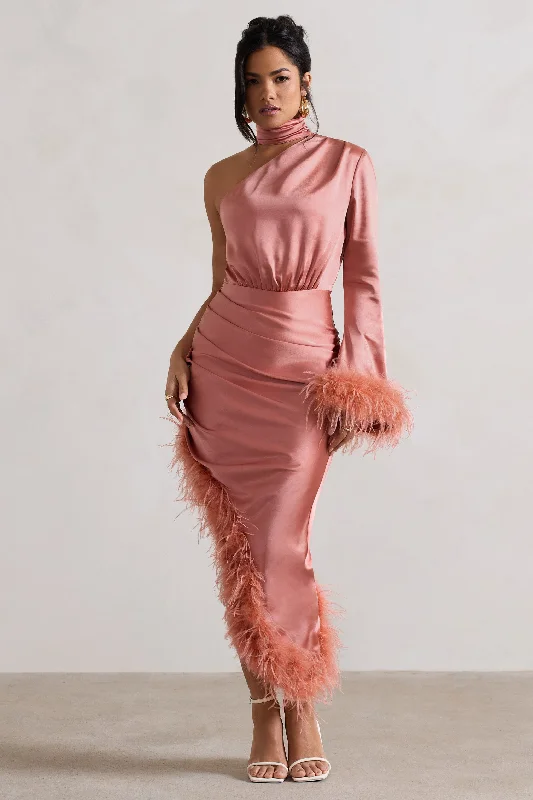 Maxi Dresses for Fun Trips -Dolce | Coral Satin Asymmetric One Sleeve Maxi Dress With Feather Trims