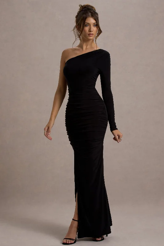 Shift-Back Maxi Dresses -Doll | Black Asymmetric One Sleeve Ruched Maxi Dress