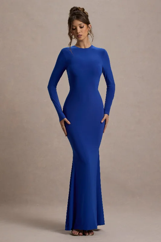 Monochrome Maxi Dresses -Donna | Cobalt Blue Long-Sleeved Open-Back Maxi Dress