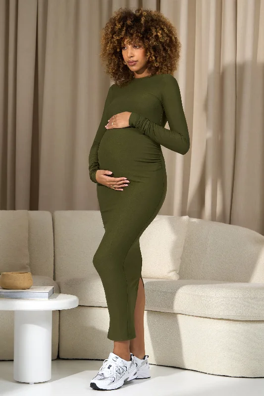 Shiny-Satin Maxi Dresses -Dove | Moss Green Bodycon Long-Sleeve Maternity Maxi Dress