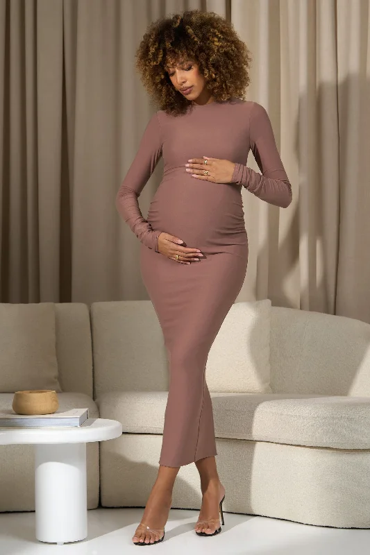 Soft-Denim Maxi Dresses -Dove | Warm Taupe Bodycon Long-Sleeve Maternity Maxi Dress