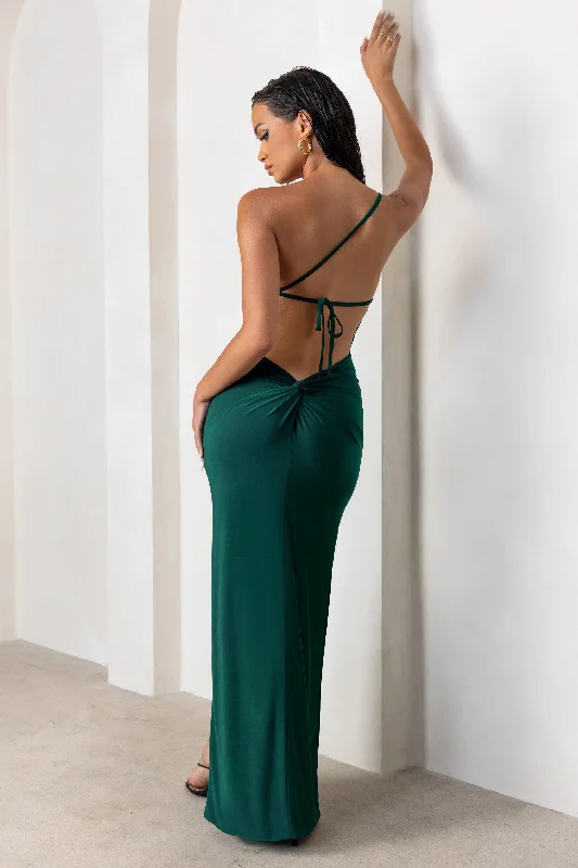 Ombre Maxi Dresses -Dressing Up | Bottle Green One Shoulder Maxi Dress With Open Back Detail