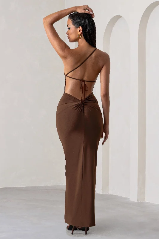 Flowy Maxi Dresses -Dressing Up | Chocolate Brown One Shoulder Maxi Dress With Open Back Detail