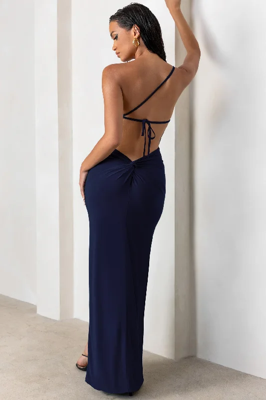 High-Neck Maxi Dresses -Dressing Up | Navy One Shoulder Maxi Dress With Open Back Detail