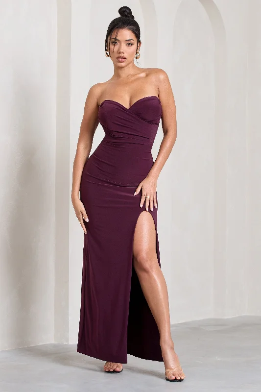 Side-Ruffle Maxi Dresses -Dynamite | Plum Pleated Bodice Split Maxi Dress