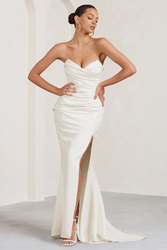 Bow-Front Maxi Dresses -Elene | White Pleated Split Fishtail Maxi Dress