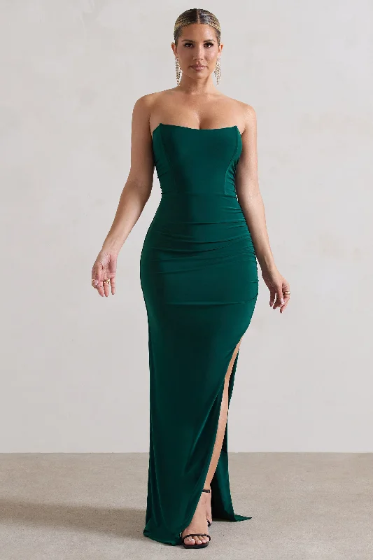 Plush-Velvet Maxi Dresses -Eletta | Bottle Green Ruched Bandeau Asymmetric Maxi Dress