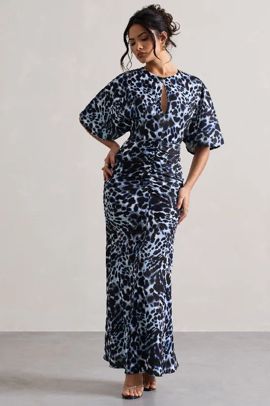 High-Neck Maxi Dresses -Elidy | Animal Print Ruched Flutter-Sleeve Cut-Out Maxi Dress