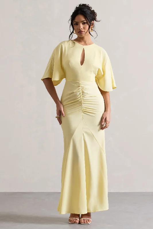 Maxi Dresses for Casual Wear -Elidy | Pastel Yellow Ruched Flutter-Sleeve Cut-Out Maxi Dress