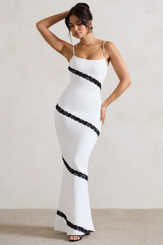 Cool-Cotton Maxi Dresses -Elizabeth | White & Black Strappy Lace-Trimmed Maxi Dress