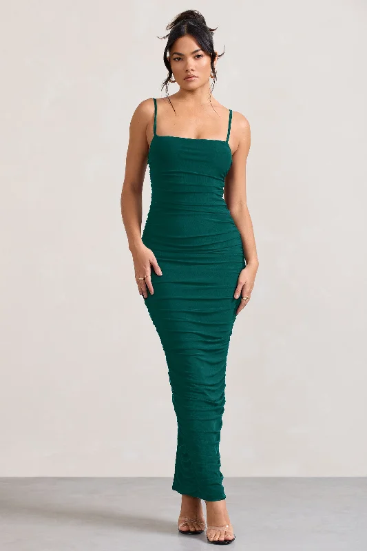 Tulip-Skirt Maxi Dresses -Ellis | Bottle Green Ruched Mesh Strappy Bodycon Maxi Dress