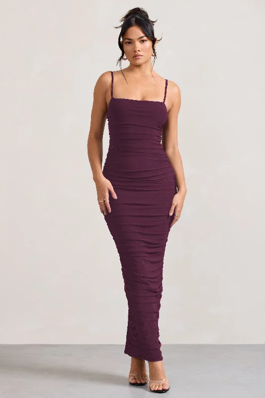 Pocketed Maxi Dresses -Ellis | Plum Ruched Mesh Strappy Bodycon Maxi Dress