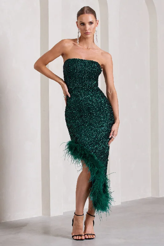 Light-Velvet Maxi Dresses -Emulate | Bottle Green Sequin Asymmetric Bandeau Maxi Dress With Feathers