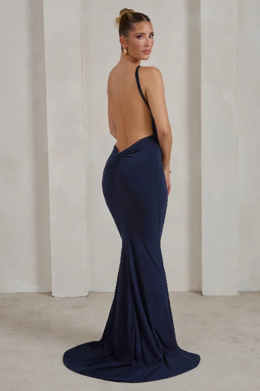 Shirred-Bodice Maxi Dresses -Endless Love | Navy Backless Knot Detail Fishtail Maxi Dress