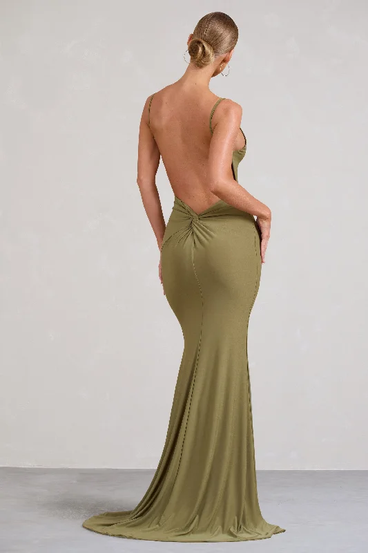 Twisted-Front Maxi Dresses -Endless Love | Olive Backless Knot Detail Fishtail Maxi Dress