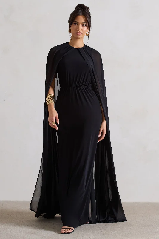 Maxi Dresses for Photo Shoots -Envy | Black Gathered Maxi Dress With Chiffon Cape