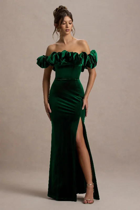 Maxi Dresses for Day Fun -Esmeralda | Bottle Green Velvet Structured Ruffled Bardot Maxi Dress