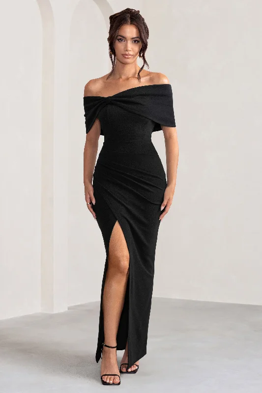 Ruched Maxi Dresses -Eva | Black Bardot Bow Detail Maxi Dress With Thigh Split