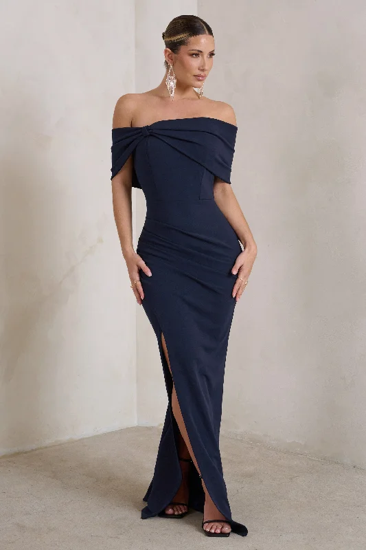 Plush Maxi Dresses -Eva | Navy Bardot Bow Detail Maxi Dress With Thigh Split