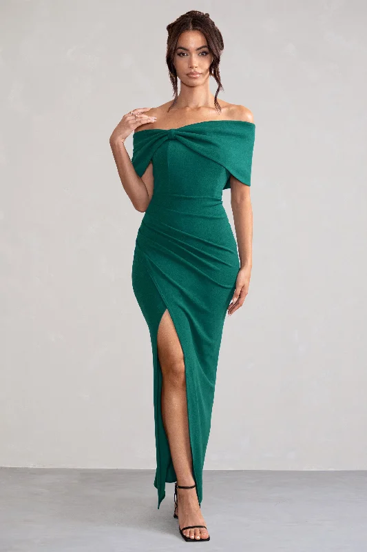 Open-Back Maxi Dresses -Eva | Green Bardot Bow Detail Maxi Dress With Thigh Split