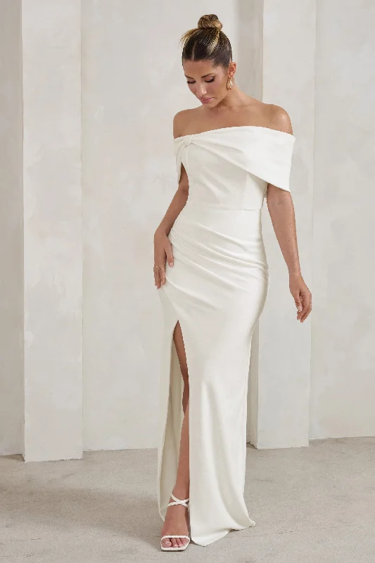 Maxi Dresses for Team Outings -Eva | White Bardot Bow Detail Maxi Dress With Thigh Split