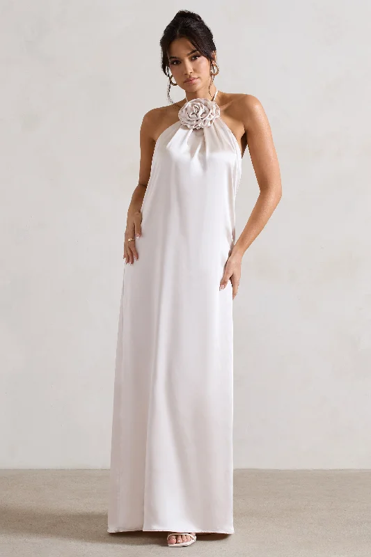 Draped-Front Maxi Dresses -Everleigh | Cream Satin Relaxed Fit Maxi Column Dress With Corsage