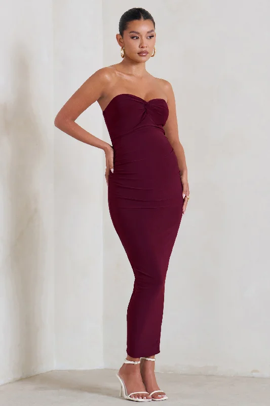 Chiffon Maxi Dresses -Evita | Burgundy Maternity Sweetheart Twist Detail Maxi Dress