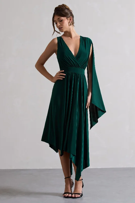 Maxi Dresses for Short Chill -Fable | Bottle Green Plunge-Neck Maxi Dress With Cape Sleeve