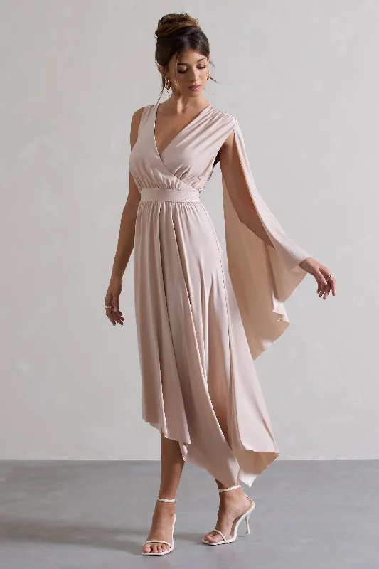 Maxi Dresses for Lake Dates -Fable | Champagne Plunge-Neck Maxi Dress With Cape Sleeve