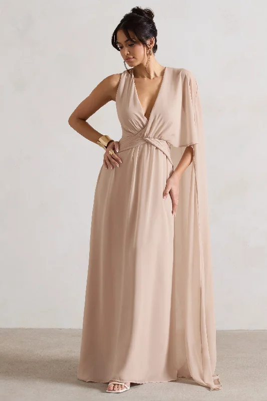 Relaxed-Fit Maxi Dresses -Fairytale | Champagne Plunge-Neck Chiffon Maxi Dress With Cape Sleeve