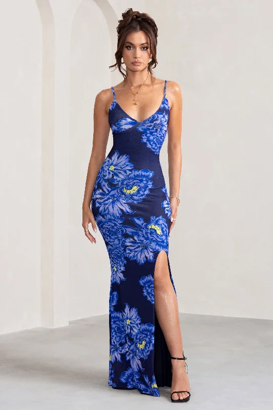 Peplum-Top Maxi Dresses -Farah | Blue Floral Print Plunge Neck Maxi Dress With Split Detail