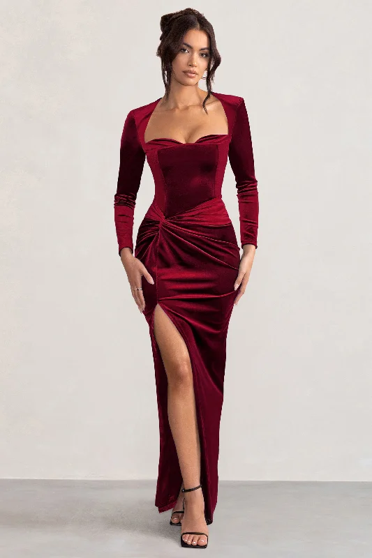 Maxi Dresses for Fall Chill -Fay | Berry Velvet Corset Style Knot Maxi Dress