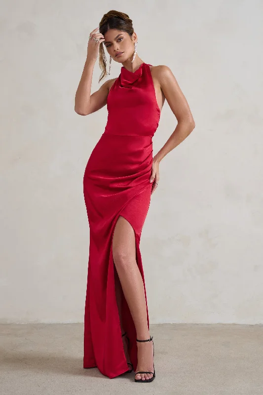 Chiffon Maxi Dresses -Forever Feature | Berry Red High Neck Wrap Maxi Dress