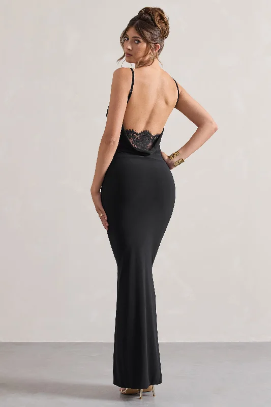 Flared-Back Maxi Dresses -Francoise | Black Cowl Neck Backless Maxi Dress With Lace Insert