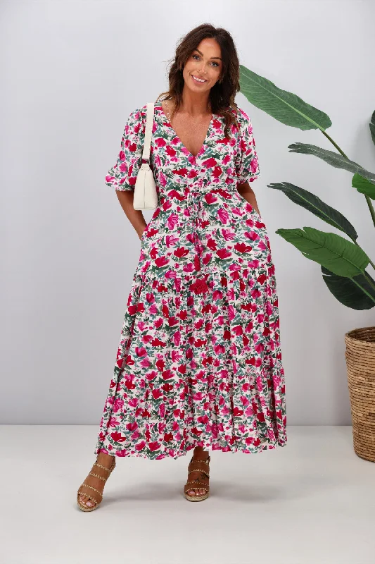 Side-Ruffle Maxi Dresses -Fria Lila Floral Maxi Dress Fuchsia