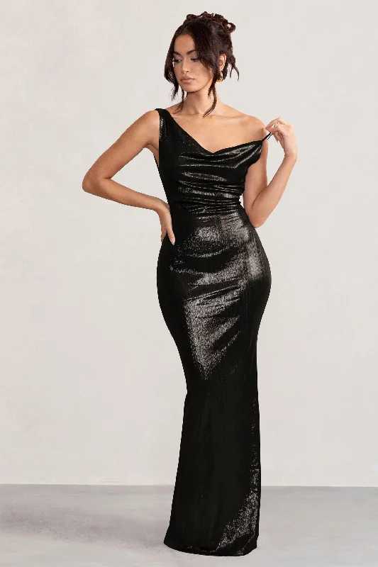 Cross-Edge Maxi Dresses -Galaxy Shimmer | Black Bias Cut Cowl Front Maxi Dress