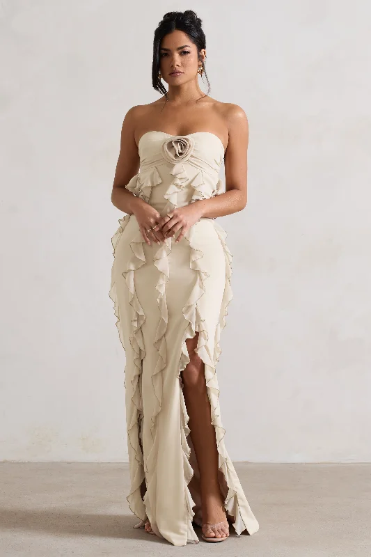 Maxi Dresses for Pool Chill -Gardenia | Champagne Strapless Ruffle Maxi Dress With Corsage