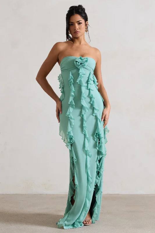 Maxi Dresses for Evening Chill -Gardenia | Mint Green Strapless Ruffle Maxi Dress With Corsage