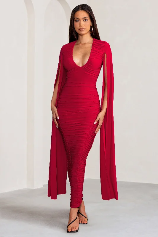 Balloon-Sleeve Maxi Dresses -Georgiana | Red Plunge Ruched Maxi Dress with Cape Sleeves