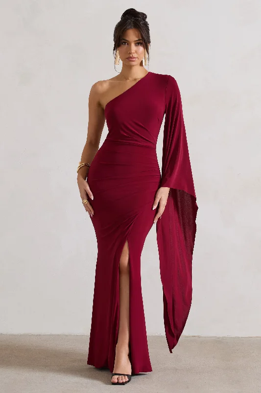 Maxi Dresses for Music Festivals -Giada | Berry Ruched One Shoulder Cape Sleeve Maxi Dress