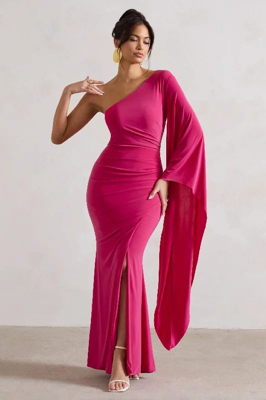 Maxi Dresses for Work Events -Giada | Dark Pink Ruched One Shoulder Cape Sleeve Maxi Dress