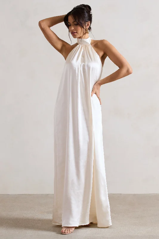 Warm-Hue Maxi Dresses -Gloriana | Cream Satin High-Neck Maxi Dress