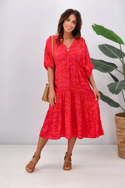 Maxi Dresses for Sunset Parties -Gloss by Shine On Anna Maxi Tier Dress Pink Red Ribbon Print