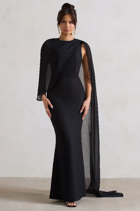 Statement-Sleeve Maxi Dresses -Haze | Black High-Neck Maxi Dress With Chiffon Cape