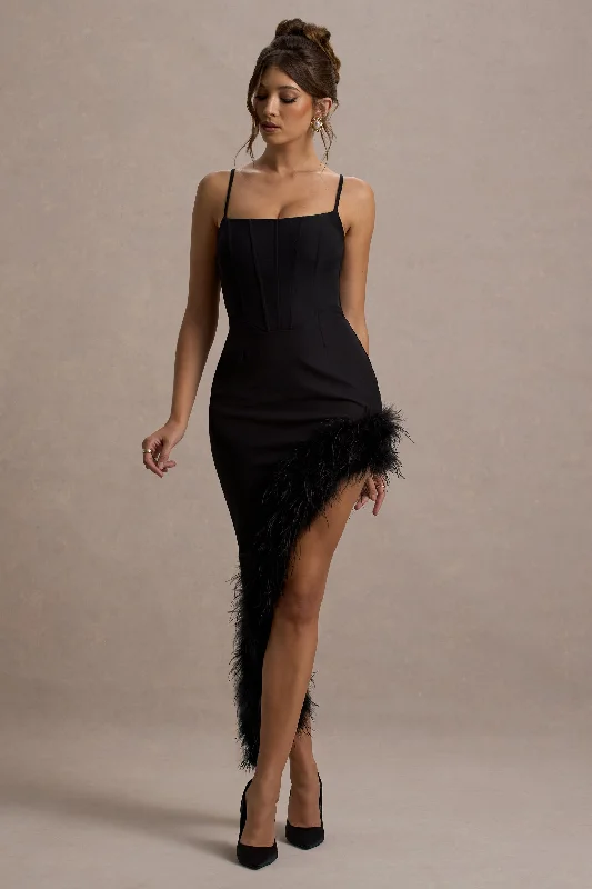 Mesh-Front Maxi Dresses -High Status | Black Strappy Corset Asymmetric Maxi Dress With Feather Trim