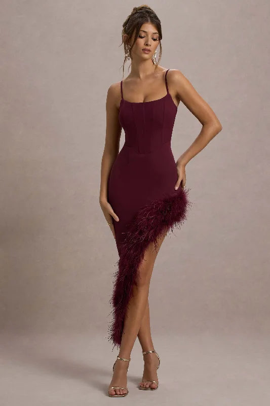 Maxi Dresses for Short Chill -High Status | Burgundy Strappy Corset Asymmetric Maxi Dress With Feather Trim